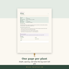 One page per perennial with planting depth and spacing